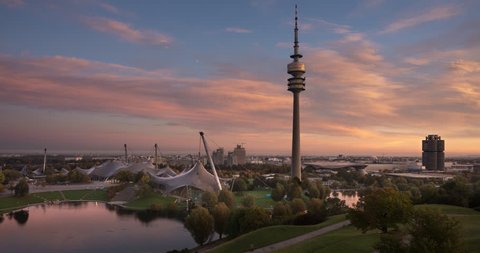 Sunrise at Olympic Park Munich, Bavaria, Germany, Europe, Public Ground - 4K Time Lapse Video - Fast night to day transition