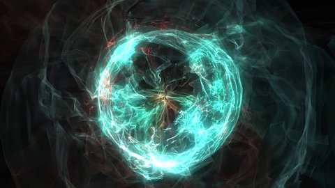 Abstract animated neon motion background of spinning spheres with lines and waves on black background. VJ Seamless loop.