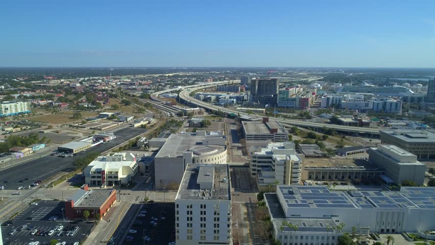 TAMPA, FL, USA - JANUARY 14, 2018: Drone shot Downtown Tampa and highway