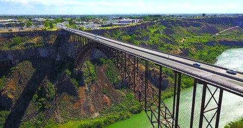 Perrine Bridge, Twin Falls, Idaho - Drone Aerial Approaching View Over River  Canyon With Cars Driving On Road