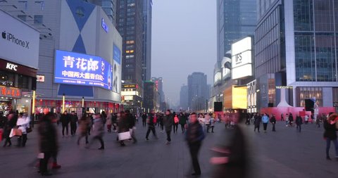 Chengdu,Sichuna China, Jan,30,2018: time lapse of people walking in the Chunxi road around IFS business center of downtown Chengdu ,Sichuan China