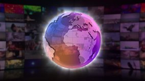 Exclusive News On Screen 3D Animated Text Graphics Over Spinning Animated Glass Globe News Broadcast Graphic Title Animation Seamless Looping Motion Background Video Backdrop Purple Pink Violet
