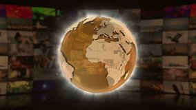  World News On Screen 3D Animated Text Graphics Over Spinning Animated Glass Globe News Broadcast Graphic Title Animation Seamless Looping Motion Background Video Backdrop Gold Yellow