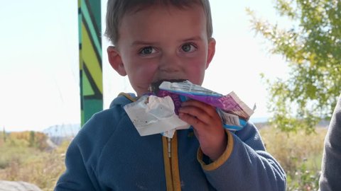 A little boy eats an ice cream sandwich at a park on a hot day in the summertime