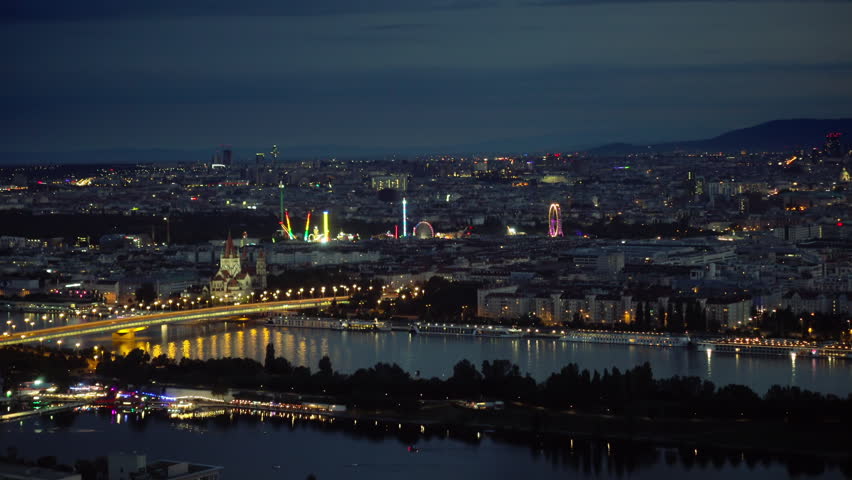 vienna skyline at night seen from above prater amusement park leopoldstadt Royalty-Free Stock Footage #1006947736