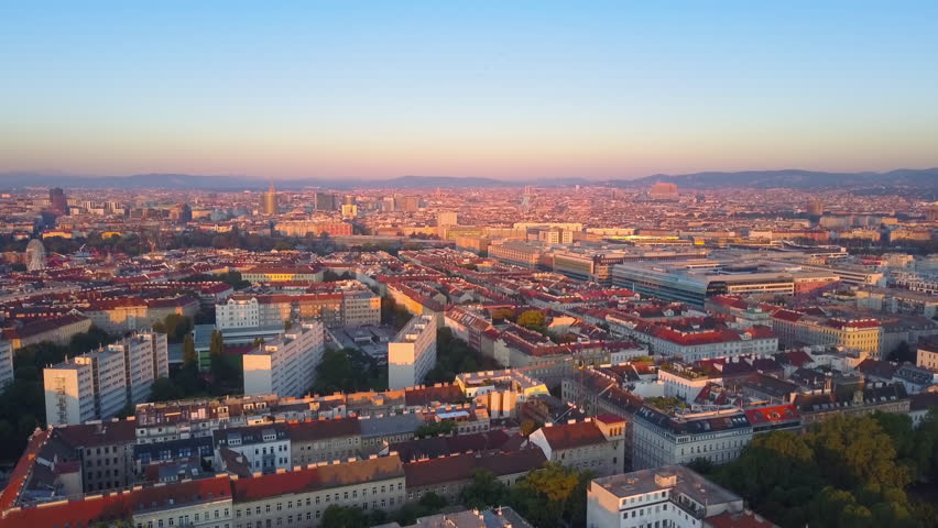 aerial drone vienna flying to city centre leopoldstadt district at sunrise Royalty-Free Stock Footage #1006947784