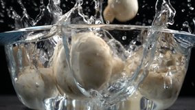 Falling mushrooms to glass pan with water splash, slow motion 250 fps - Powered by Shutterstock - Get 15% off with code: PIKWIZARD15
