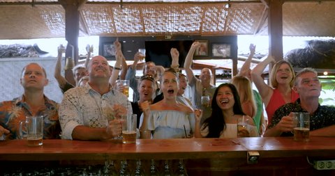 Large group of people cheering and celebrating while watching a sports game in a bar pub Vídeo Stock