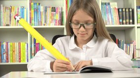 Student Child Writing Studying in Library Learning School Girl at Desk Office 4K