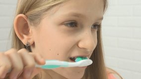 Child Brushing Teeth in Bathroom, Girl Washing with Toothbrush, Kid in Mirror