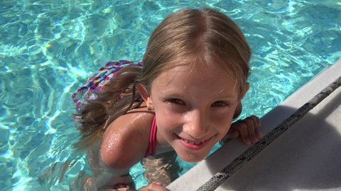 Child Portrait Splashing Water in Swimming Pool, Smiling Girl Face Bathing 4K