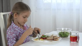 Child Eating Eggs, Green Salad, Lettuce, Girl Eats Vegetables at Breakfast 4K