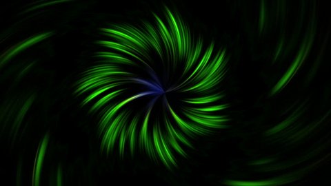 abstract moving green flower whirling round on a black background and with reflections in the center