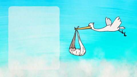 Animated greeting card: 2D Cartoon Funny Character Stork Bringing a Newborn Baby. Frame for text on the left. Colorful background with clouds. Animation looped.