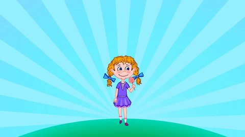 2D Cartoon Funny Character Walking Girl with Lollipop. Animation looped.