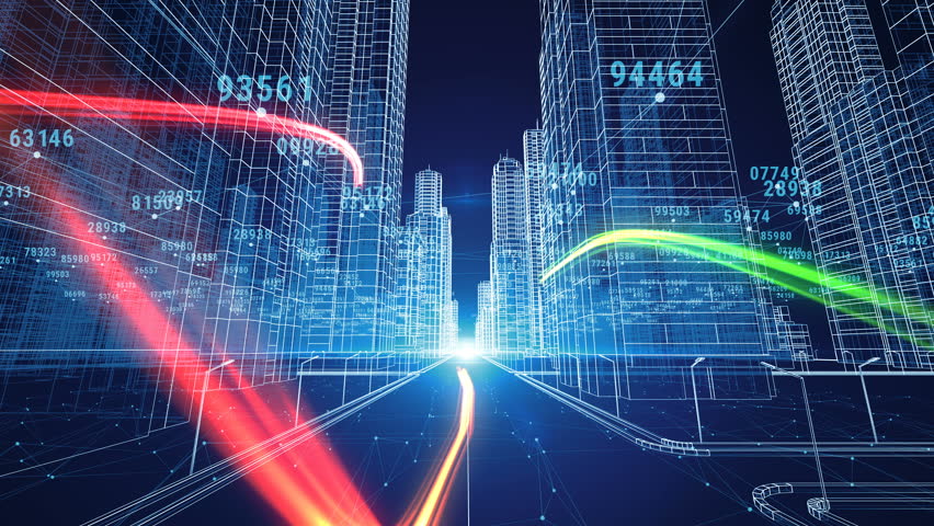 Color Strokes Flying Through the Digital Night City with Numbers and Grids. 3d Blueprint. Business and Technology Concept. 3d animation. 4k UHD 3840x2160. Royalty-Free Stock Footage #1006981558