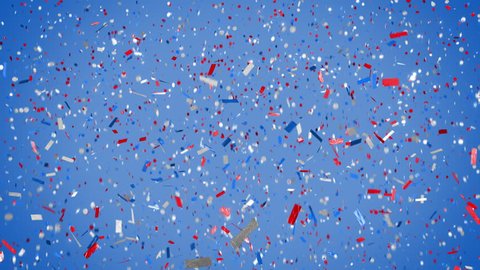 Patriotic confetti on beautiful blue background! Loopable red, white, and blue confetti falls and clears frame. Ticker tape and circular style confetti. 
