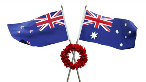 3D rendering of Australian and New Zealand flags waving with poppy wreath commemorating ANZAC day, lest we forget, looping, with alpha