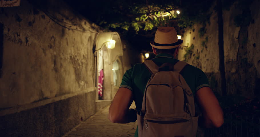 Young Man with Backpack Traveling Through Europe Adventure Freedom Slow Motion Shot Red Epic 8k