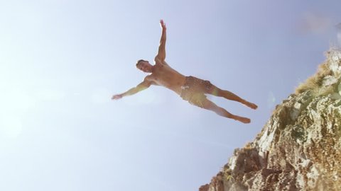 Atheltic Young Man Cliff Jumping Slow Motion Underwater Shot Freedom Fearlessness Red Epic 8k