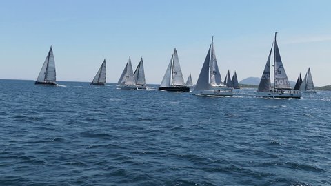 PORTO ROTONDO – JUNE 4: Sailing boats navigate during Solaris Cup regatta on June 4, 2017, in Porto Rotondo, Italy