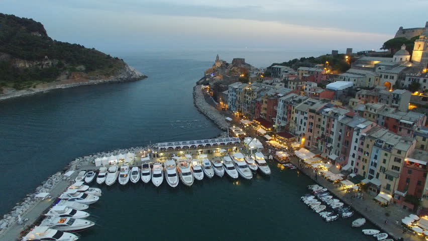Aerial view of Portovenere, a small village on the Italian coast, at dusk
