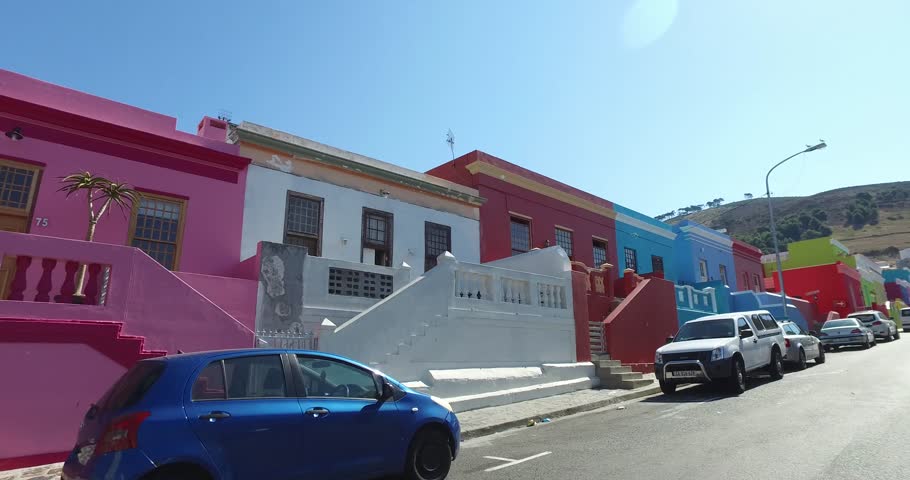 Car mount tracking in the streets of colorful buildings neighbourhood Bo-Kaap Cape Town South Africa