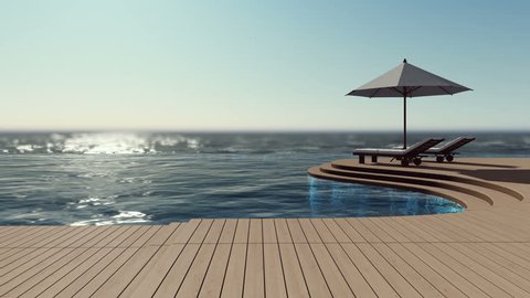 3D rendering footage of 2 daybeds and white umbrella on curve wooden terrace, step floor, sea view, infinity swimming pool. Cinemagraph style