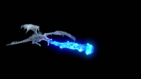 Animated realistic Dragon flying and breathing blue flame. High Quality Seamless loop with alpha channel in 2K resolution, ProRes 4444 codec, 30 FPS.