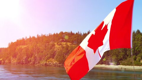Canada Flag National Symbol, Boat Islands View, Sunset Lens Flare 스톡 비디오