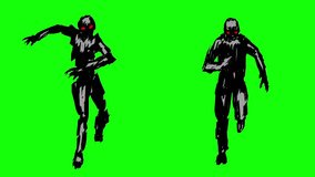 Two silhouettes of running zombies on camera. Evil monsters 2D animation. Green screen video footage. Horror fantasy genre. Animated video clip. Scary demon character. Vj loop motion graphics, fx.