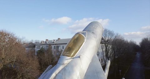 Aero video shooting. 20. December 2017. Monument The Mikoyan-Gurevich MiG-15. was a jet fighter aircraft. seconds, stands in the park of the city of Svetlovodsk-Ukraine. It's a nasty day.