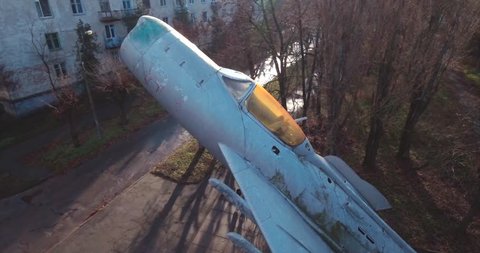 Aero video shooting. 20. December 2017. Monument The Mikoyan-Gurevich MiG-15. was a jet fighter aircraft. seconds, stands in the park of the city of Svetlovodsk-Ukraine. It's a nasty day.
