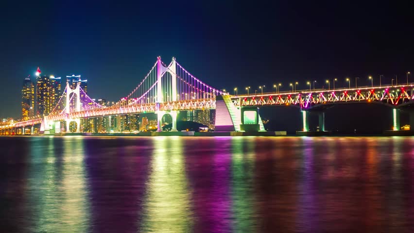 Time lapse video of Gwangan Bridge at night time in Busan, South Korea.