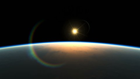 Sunrise Over The Earth. Amazing View Of Planet From Space. Realistic 3d Animation of Rays of light rise up Beyond the Horizon. Great Start to a New Day. Texture Maps from NASA. Movement of Sunlight