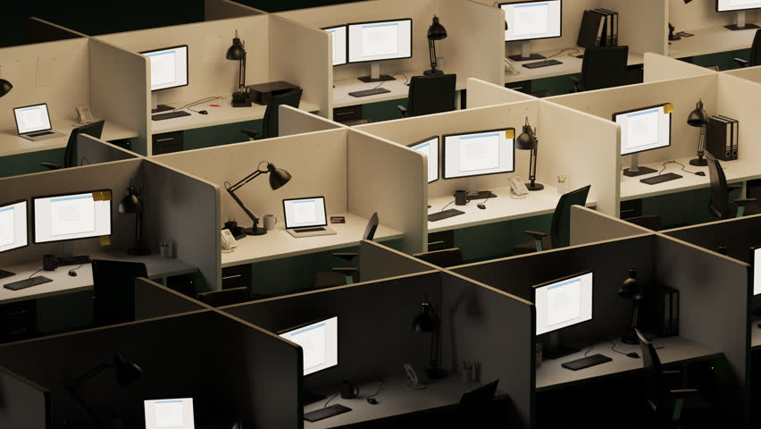 03106 isometric view of office cubicles with error screen showing on the monitors