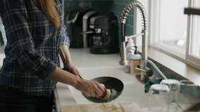 Slow motion of woman washing pan talking on cell phone and dropping it into sink / Alpine, Utah, United States