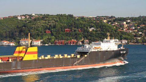 Ro-ro cargo ship used to transport large vehicles such as car, truck, trailer, train and wagons. A giant vehicle carrier sailing close to the shore in Bosporus Sea, Istanbul
