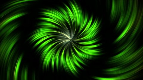 abstract moving green and yellow flower whirling round on a black background and with reflections in the center