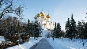View of the Uspensky cathedral on a sunny winter day. Russia, Yaroslavl.