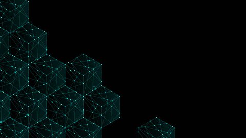 Cube box isometric pattern, Blockchain concept design illustration blue green color, dot outline stroke animation 4K on black background, with copy space