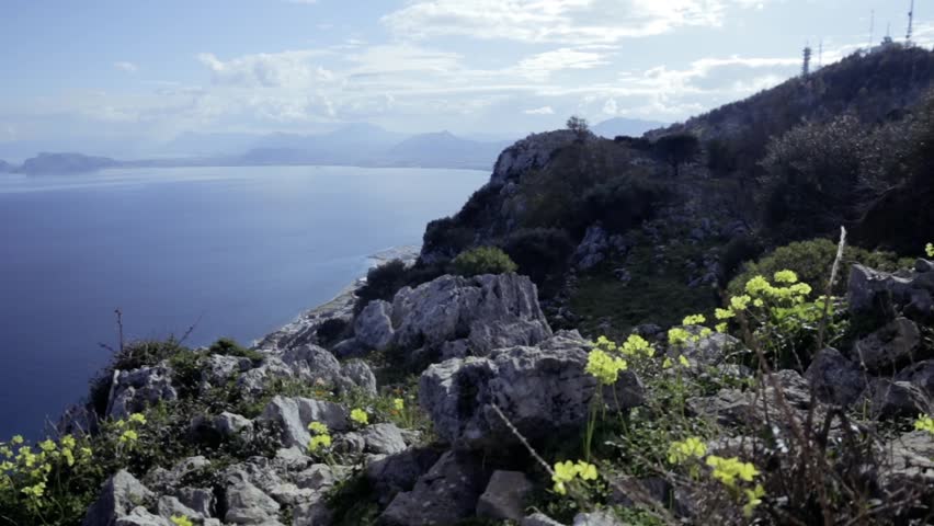 Mount Pellegrino is a hill facing east on the bay of Palermo, Sicily, southern Italy. Sea and mountains.