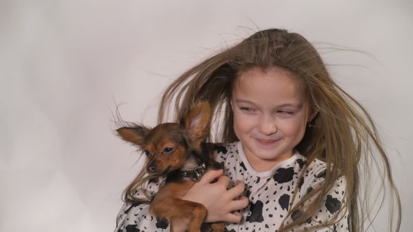 Child girl playing with a dog. She tosses it, presses it against her. The wind blows on them. Everything happens on a gray background.