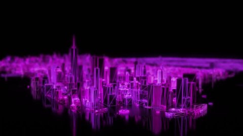 City neon glowing DOF model New York NYC flyover wireframe skyscraper 80s 4k