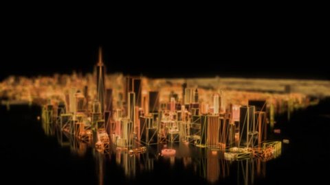 City neon glowing animated model New York NYC flyover wireframe skyscraper 80s 4k