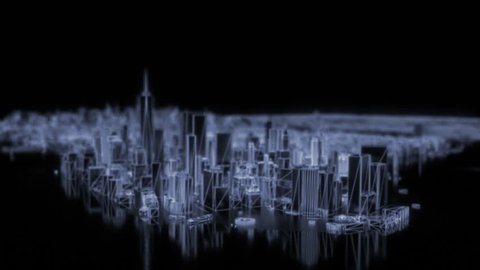 City neon glowing animated models New York NYC flyover wireframe skyscraper 80s 4k