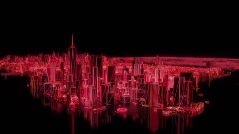 City neon glowing New York NYC flyover wireframe skyscraper 80s 4k