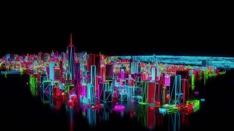 City neon glowing New York NYC flyover wireframe skyscraper 80s 4k