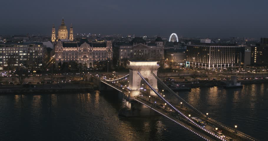 Aerial view of Budapest - Chain Bridge at Night