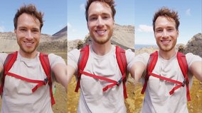 Happy Backpacking Man Taking Selfie Video on Travel - vertical video selfie from in Slow motion